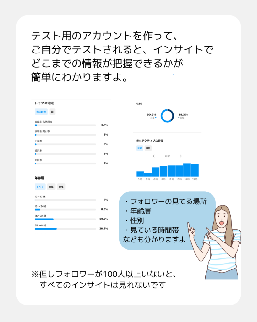 テスト用のアカウントを作って、ご自分でテストされると、インサイトでどこまでの情報が把握できるかが簡単に分かりますよ